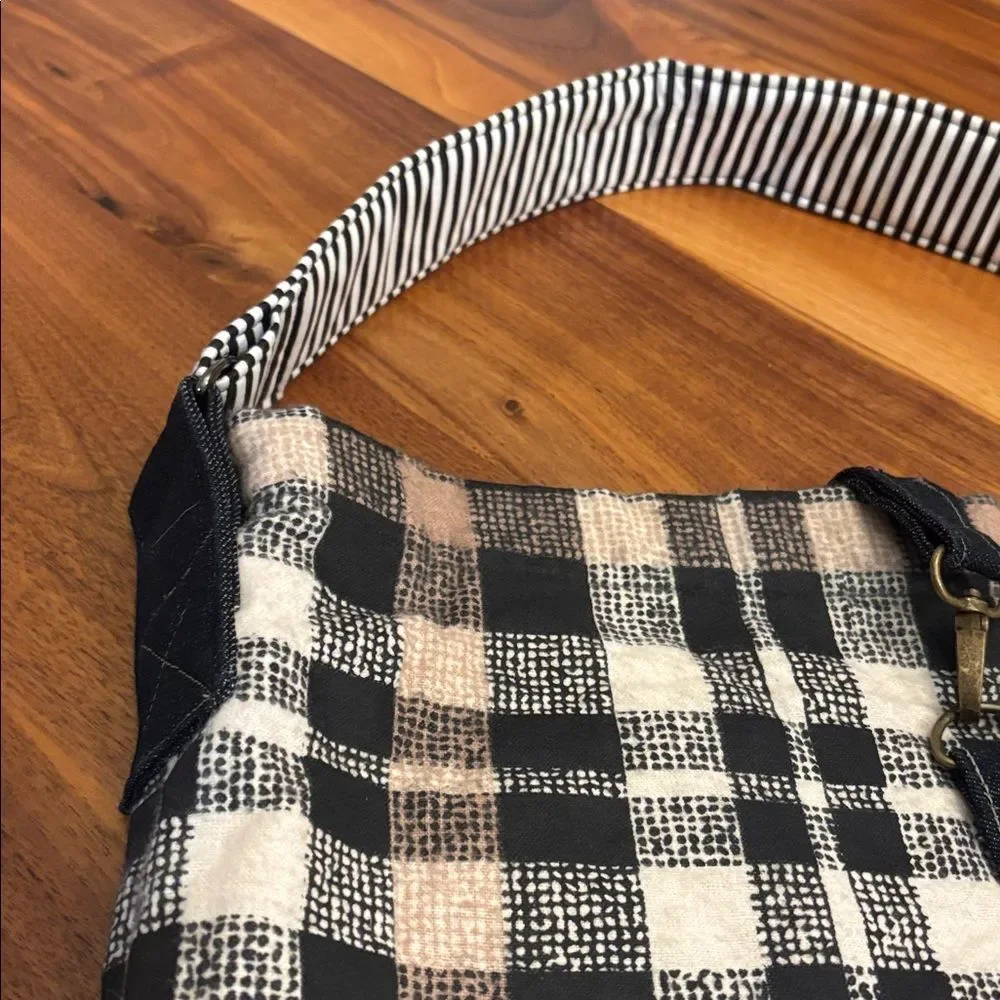 Large Hobo Striped Black White Brown Plaid Denim Purse Handbag